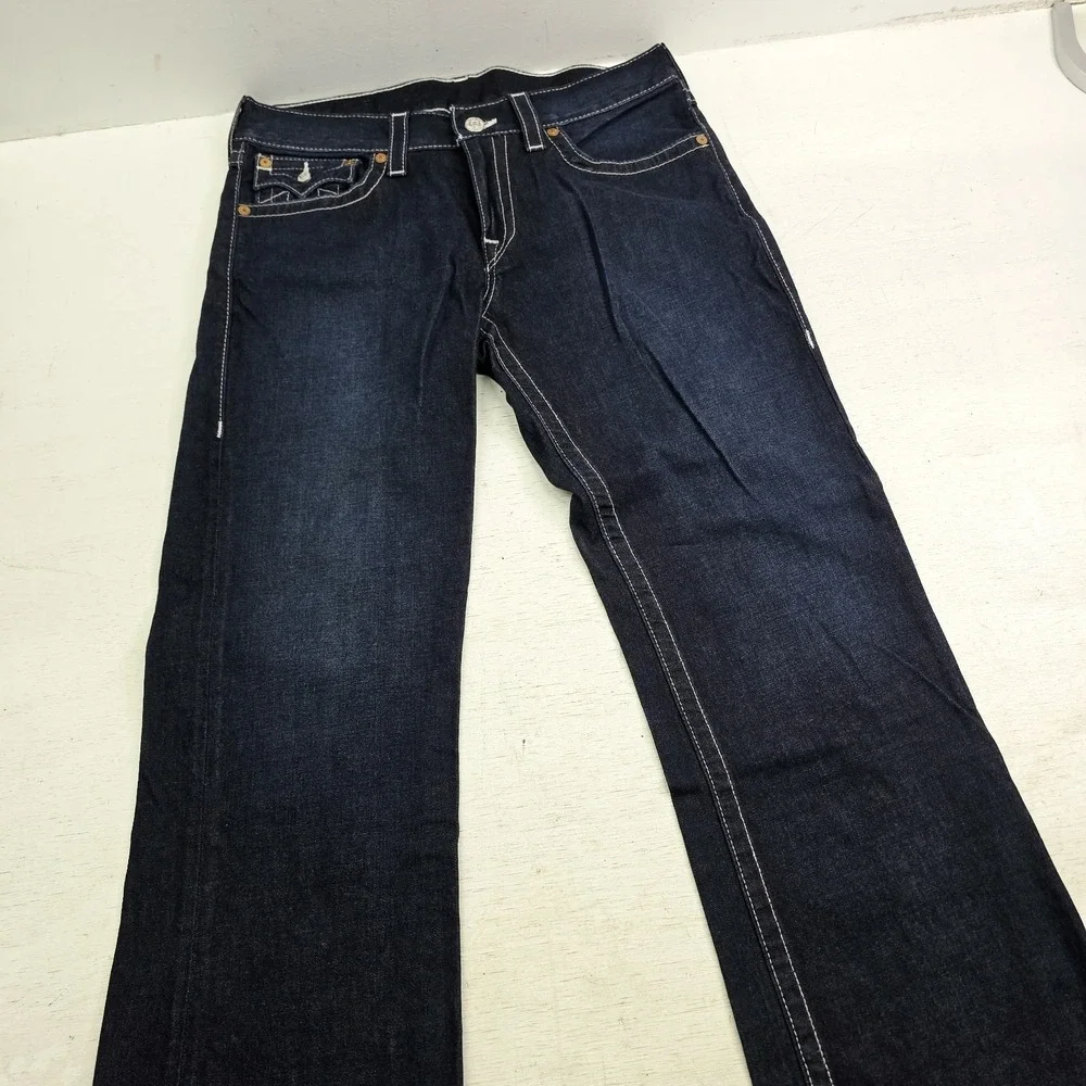 True Religion Jeans Men's 34x28 World Tour Boot Cut Dark Wash Thick Stitch EUC